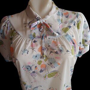 Vintage Women's Large Blouse 1980's Peasant Secretary Tie Neck Puff Sleeves USA